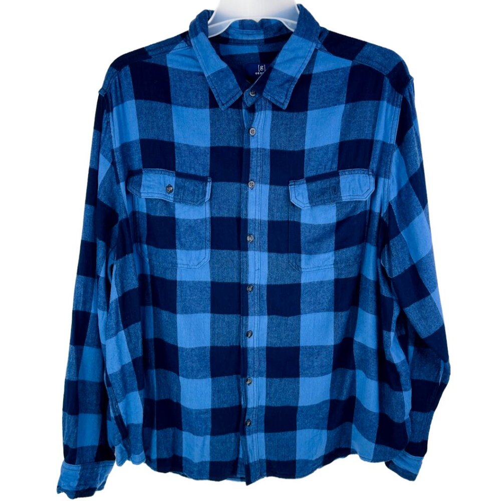 George Men's Navy | Blue Plaid Shirt Size: 2XL
